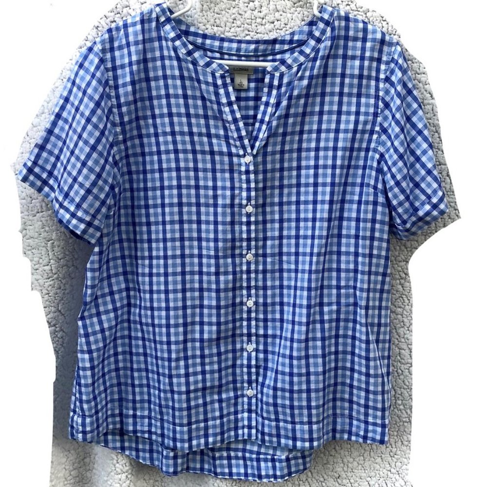 L.L. Bean Blue White Plaid Short Sleeve Button Up